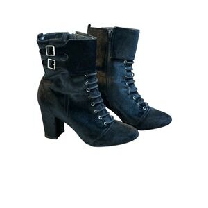 Diba Academia Black Lace Up Ankle‎ Boots Velvet Heeled Buckle Women Size 8